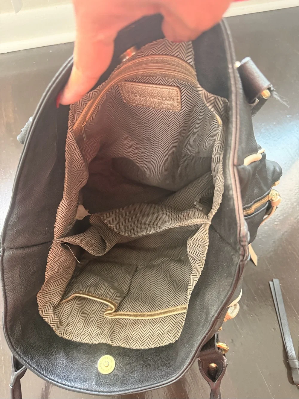 Steve Madden Black Tote with Gold-Tone Pocket and Matching Gold Wallet